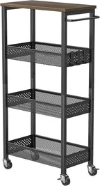 XYZLVSI Slim Rolling Storage Cart, 4 Tier Small Bathroom Cart Organizer | 9.1" W narrow storage cabinet with wooden top and metal handle, ideal for kitchen/dorm, between washer and dryer storage