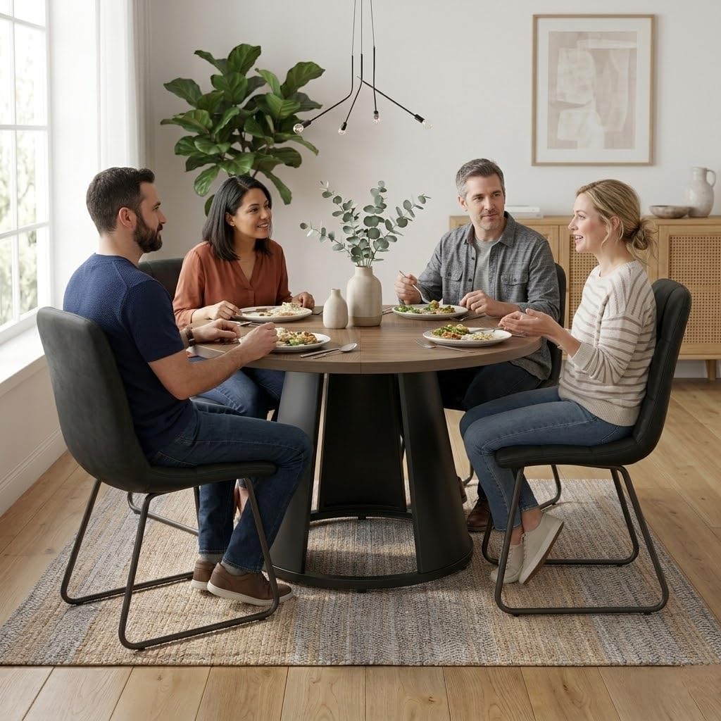 HIPIHOM 47.2” Round Dining Table Set for 4 Modern Wood Table with 4 Upholstered Chairs, Metal Pedestal Base, Space-Saving Kitchen & Dining Furniture for Small Apartments and Compact Spaces