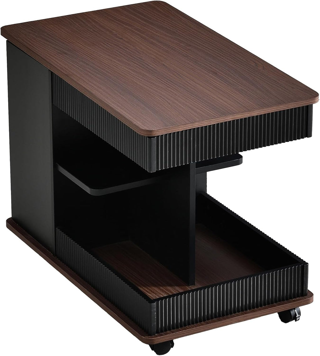 Adjustable Lift-Top End Table with Storage, 360° Rotating Design & Lockable Casters - Modern Mobile Side Table for Living Room, Bedroom, Small Spaces (Black+Brown)