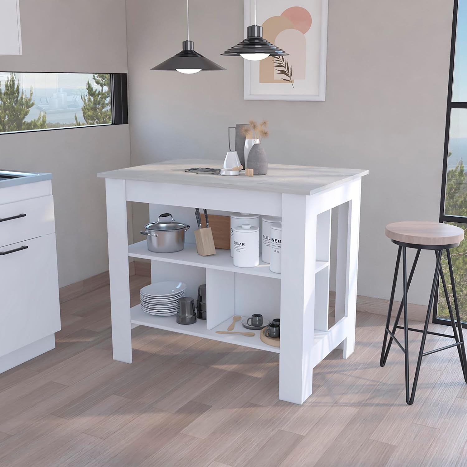 Kitchen Island with Three Shelves, White and Ibiza Marble Finish | Three storage shelves with varying dimensions for organized kitchen storage