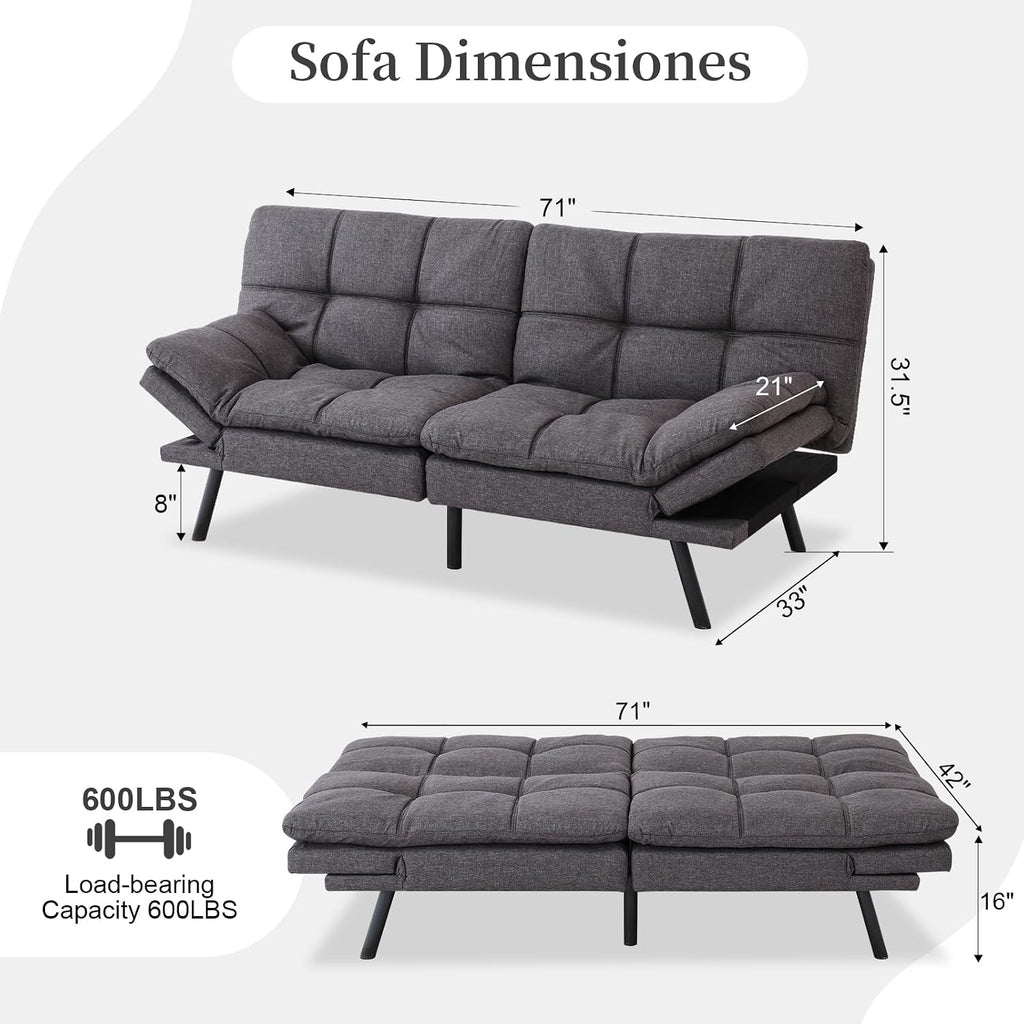 Opoiar Futon Sofa Bed Convertible Memory Foam Foldable Couch Modern Sleeper Loveseat with Adjustable Armrests&Backrests for Small Spaces Office Studio Apartment Dorm Game Room