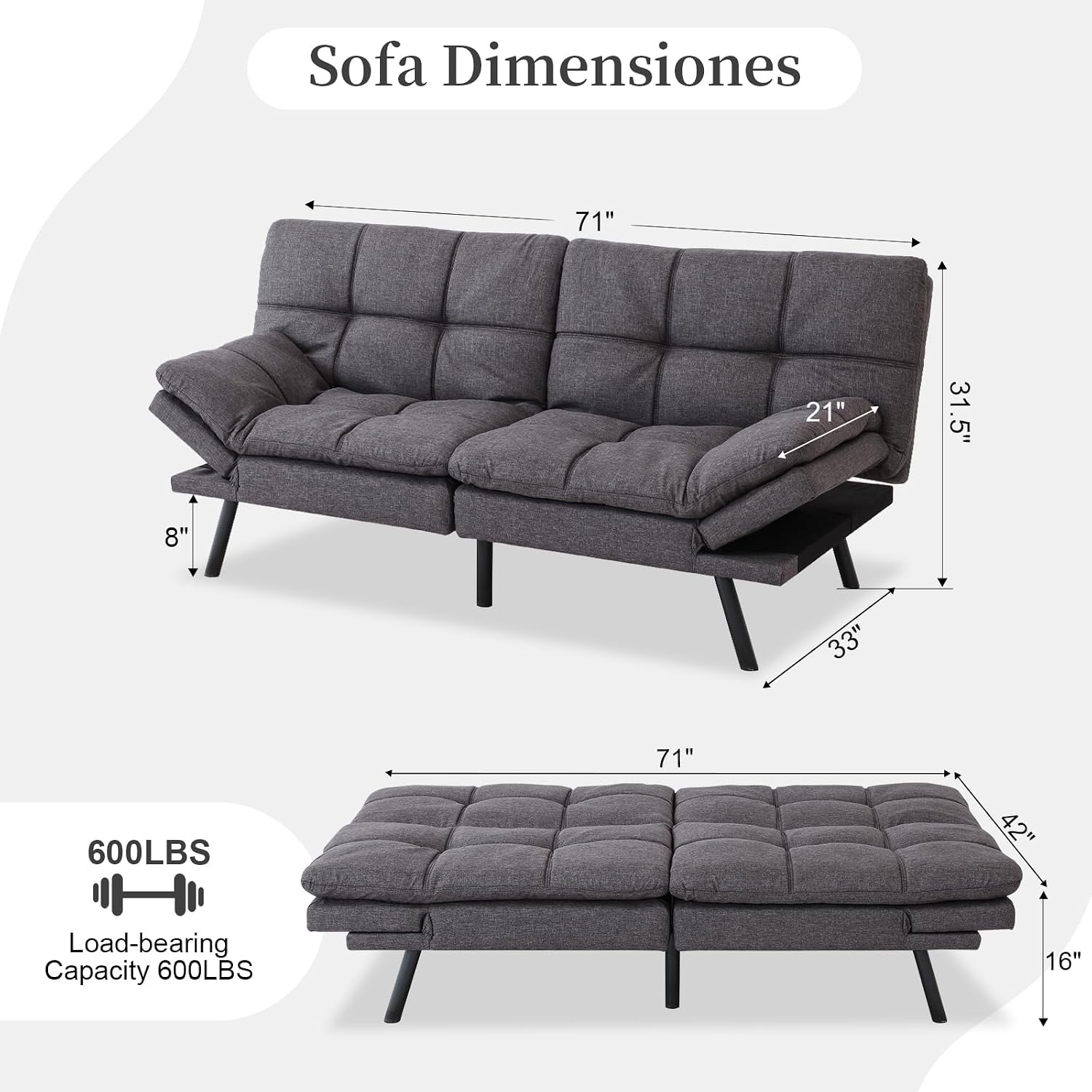 Opoiar Futon Sofa Bed Convertible Memory Foam Foldable Couch Modern Sleeper Loveseat with Adjustable Armrests&Backrests for Small Spaces Office Studio Apartment Dorm Game Room