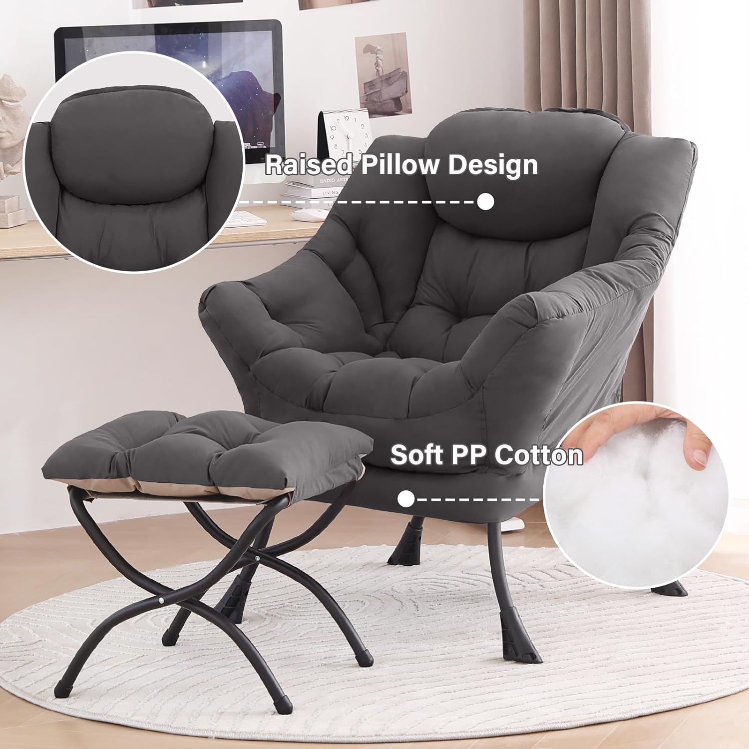 Tiita Lazy Chair with Ottoman, Comfy Reading Accent Chair, Dark Grey | Foldable Footrest, Padded Seat and Backrest, Side Pocket for Lounging in Living Rooms, Bedrooms, Dorms and Small Spaces