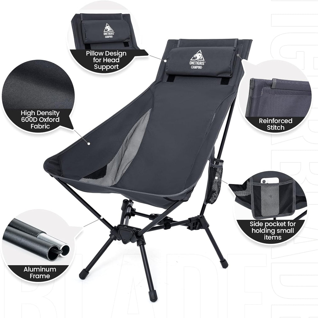 ONETIGRIS Tigerblade High Back Camping Chair with Pillow Design, Comfortable Widened Seat Folding Chair
