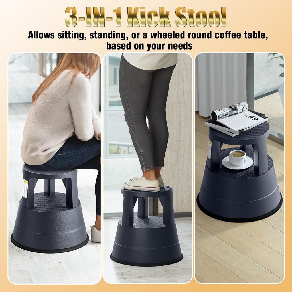 Rolling Step Stool with Wheels, 550lbs Capacity, Non-Slip Platform & Retractable Casters, Round Kick Stool for Library, Kitchen, Office, Garage, Portable for Adults/Seniors (Black)