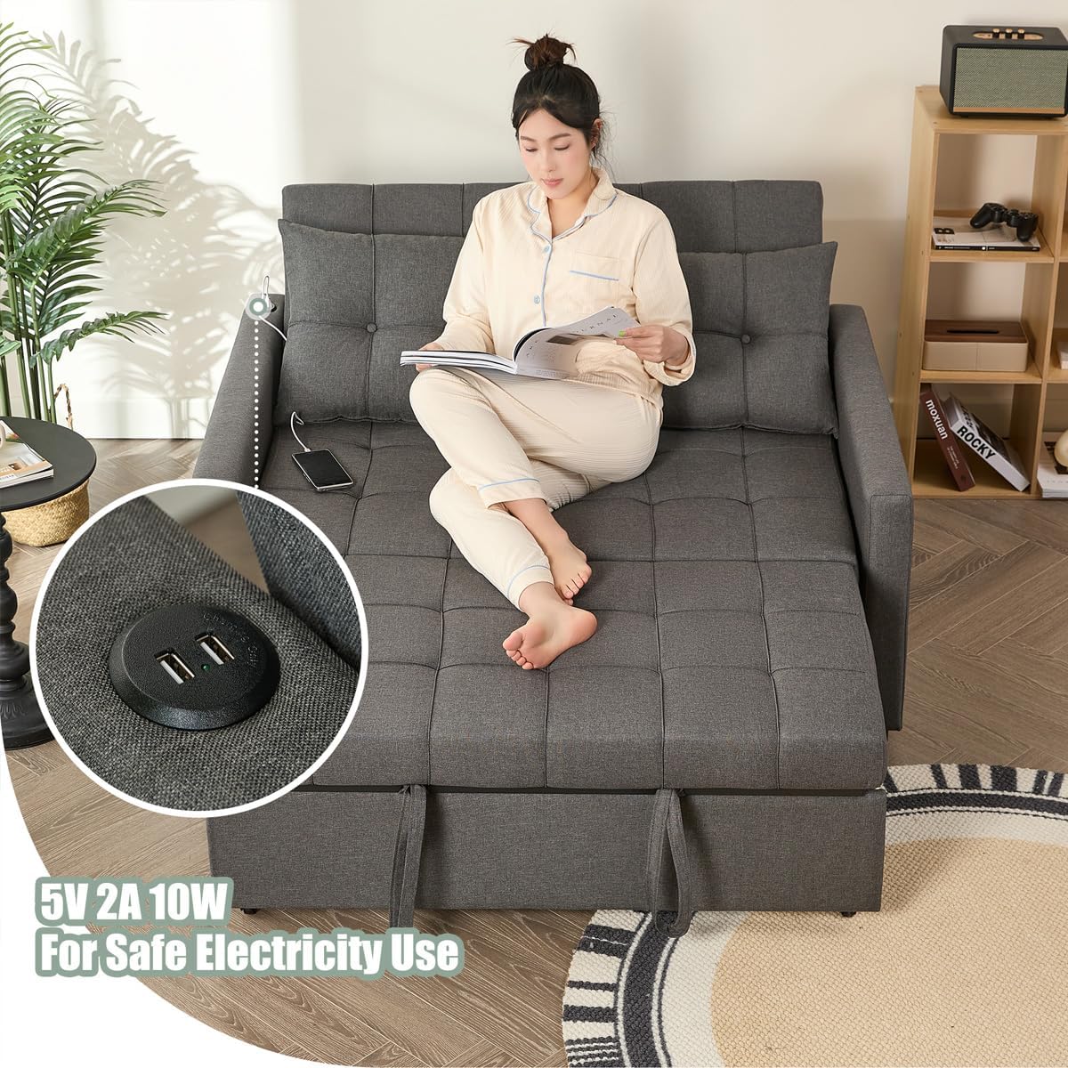 GOSUHI 52" 3-in-1 Convertible Sleeper Sofa Bed, Linen, Dark Gray | Pull-Out Bed, Stepless Adjustable Backrest, Side Pocket, Compact Loveseat, Living Room, Dorm & Apartment