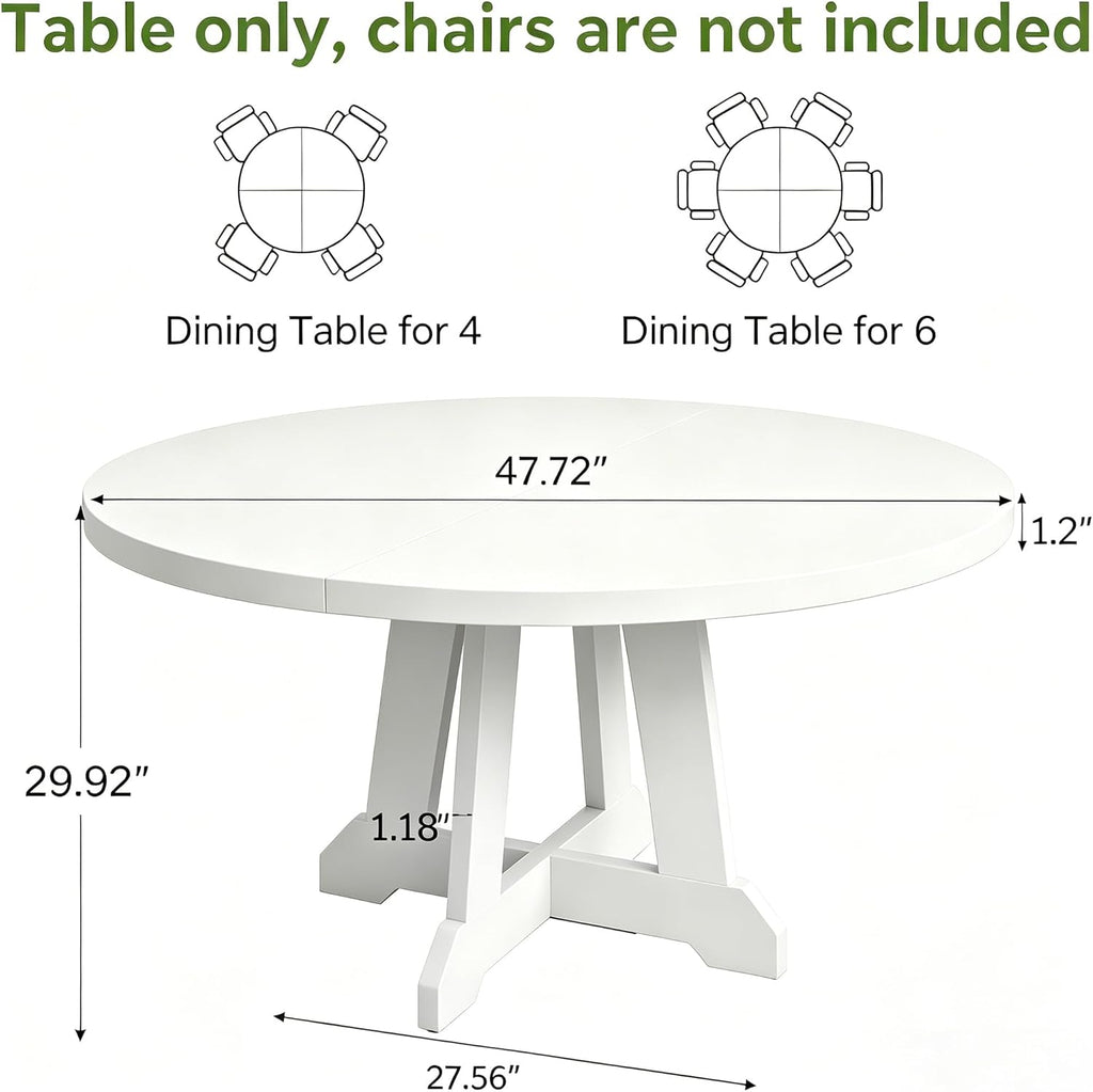 GarveeHome Round Dining Table for 4, 47 Inches Dining Room Table with Wooden Base, Kitchen Table with Circle Tabletop, Dinner Table for Dining Room, Kitchen, Living Room, White