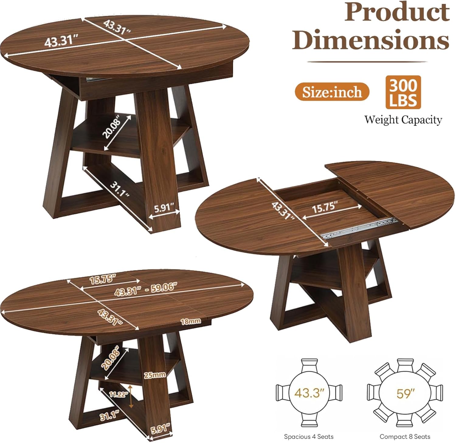 43"-59" Extendable Round to Oval Wooden Dining Table | 1.2" Thick MDF Tabletop,20" Storage Shelf,Smooth Silent Glides,Small Spaces Apartment Kitchen Dining Room,Walnut