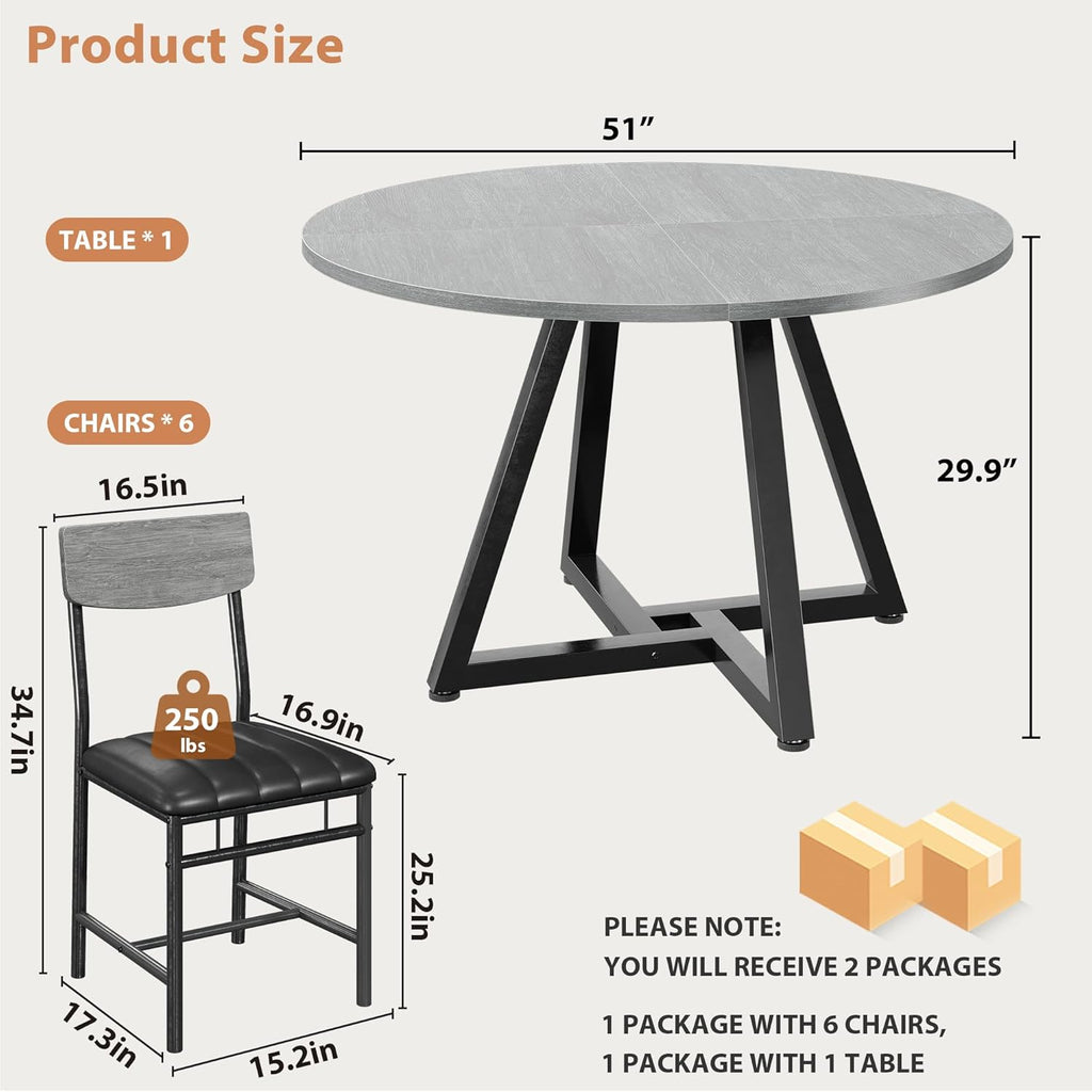 Round Dining Table Set for 6, Kitchen Table and Chairs for 6, Circle Table Round Pedestal Dining Room Dinner Dinette Table Set,7 Piece Space Saving Wood Kitchen & Dining Room Tables (Grey, 51In)