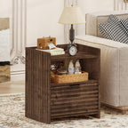 BON AUGURE Fluted Nightstand with Drawer and Storage Shelf, Modern Wood Bedside Table, Mid Century End Table for Bedroom Living Room Sofa Couch, Rustic Oak