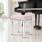 Vanity Stool with Storage – Mirrored Legs, Velvet Cushioned Ottoman, Hidden Compartment, Sparkling Diamond Trim, Glam Makeup Chair & Piano Bench - Silver & Pink