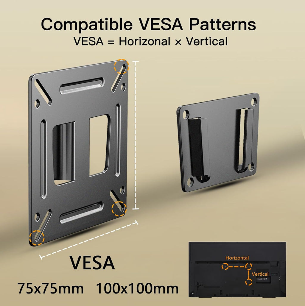 Nuyoah Monitor Wall Mount RV TV Mount Low Profile Wall Bracket VESA Mount | Small TV Mount for 14”-27” Monitor Computer Screens, Ultra Slim TV Bracket Fixed VESA 75x75 100x100mm Easy Mount for Camper