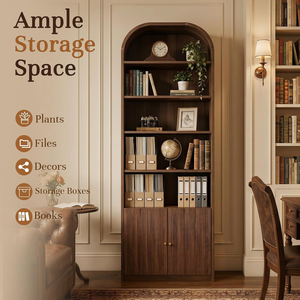 71" Tall Arched Bookshelf with Door, 7 Tiers Arched Bookcase with Storage, Adjustable Book Shelves for Living Room, Kitchen, Home Office, Walnut