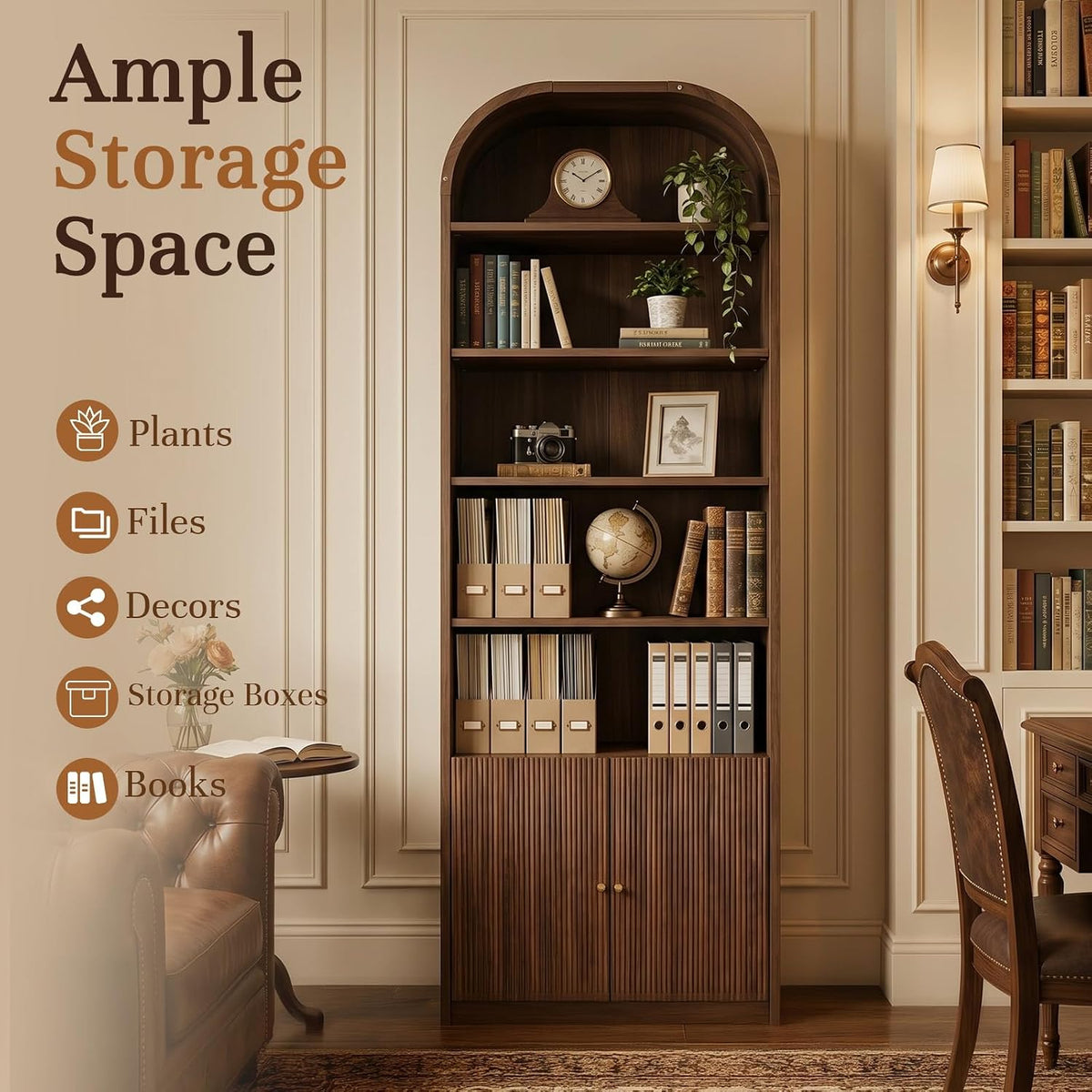 71" Tall Arched Bookshelf with Door, 7 Tiers Arched Bookcase with Storage, Adjustable Book Shelves for Living Room, Kitchen, Home Office, Walnut