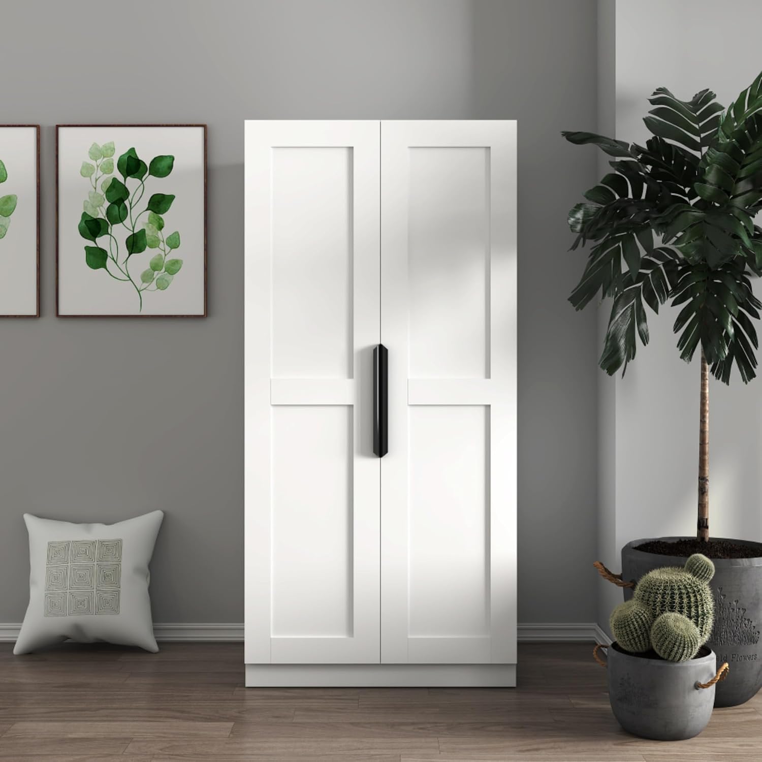 Standalone Pantry Cabinet Buffet Sideboard Cupboard with Double Doors, Multi-Level Shelving, Tall Organizer Storage for Kitchen Dining Living Hallway Bathroom, Modern Retro Furniture (White)