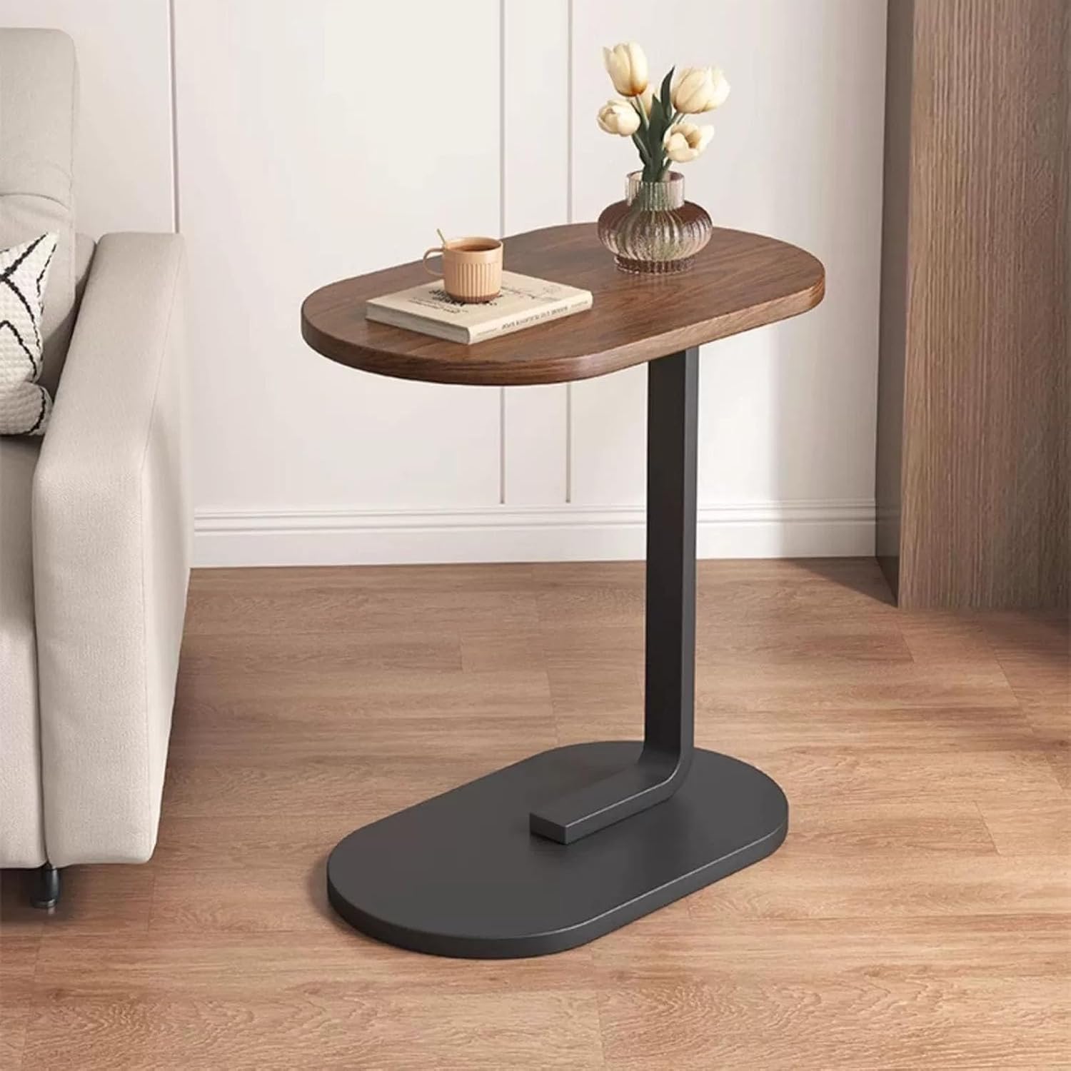 TY&WJ Small Side Table End Table,C Shaped Oval Coffee Table Wooden TV Tray Narrow Couch Arm Tray Tables for Snack Drink Tray Living Room Bedroom,F,60x45x30cm(24x18x12inch)