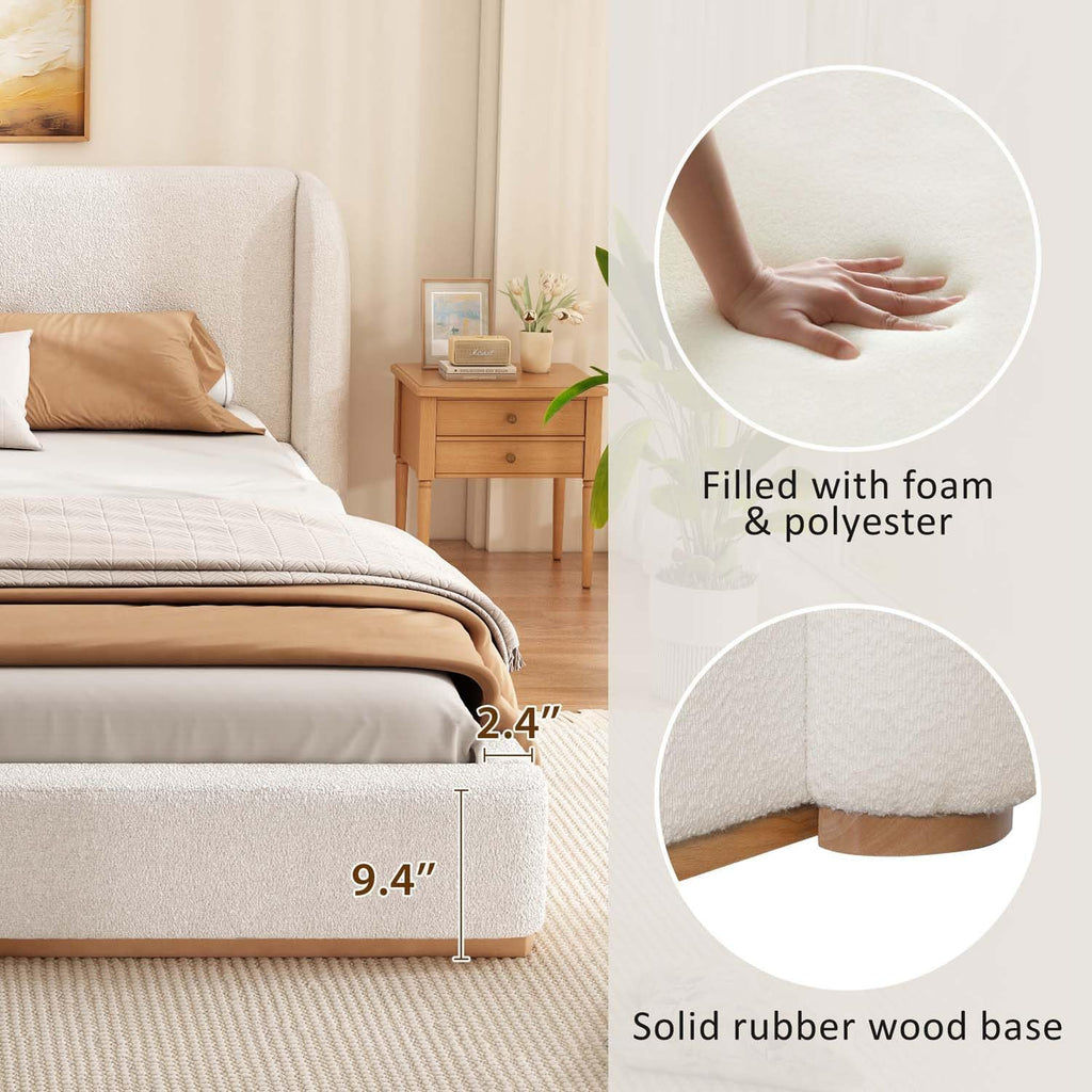 King Size Boucle Bed Frame, Soft Cloud Bed Frame with Upholstered Wingback Headboard and Solid Wooden Legs, Contemporary Aesthetic Platform Bed, No Box Spring Needed (White, King 1)