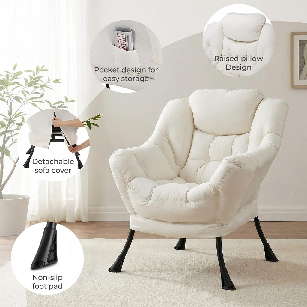 TLSUNNY Lazy Chair, Modern Comfy Lounge Accent Chair, Large Sofa Armchair with a Side Pocket, Leisure Reading Chair for Bedroom, Living Room, Dorm (1) (Beige)