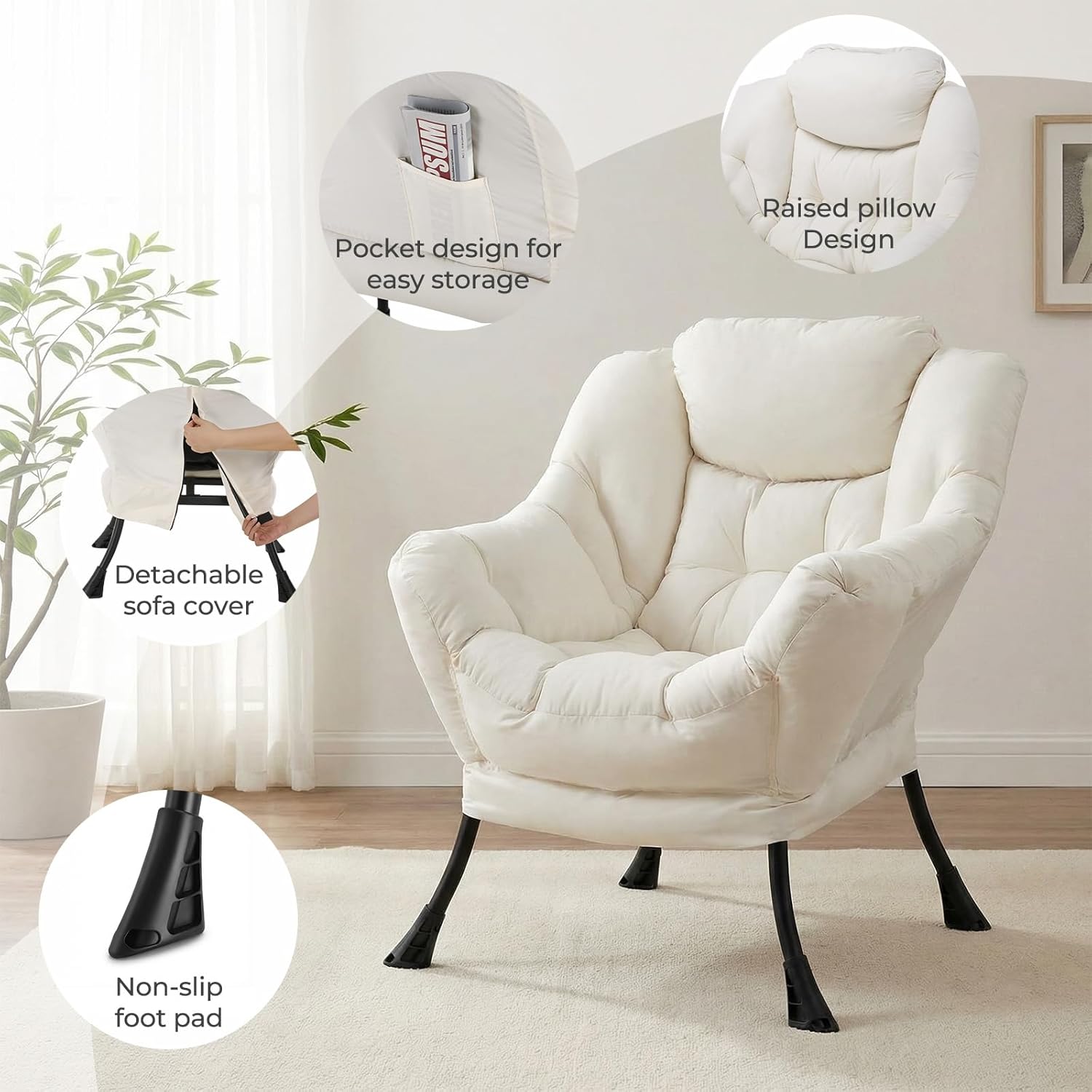 TLSUNNY Lazy Chair, Modern Comfy Lounge Accent Chair, Large Sofa Armchair with a Side Pocket, Leisure Reading Chair for Bedroom, Living Room, Dorm (1) (Beige)
