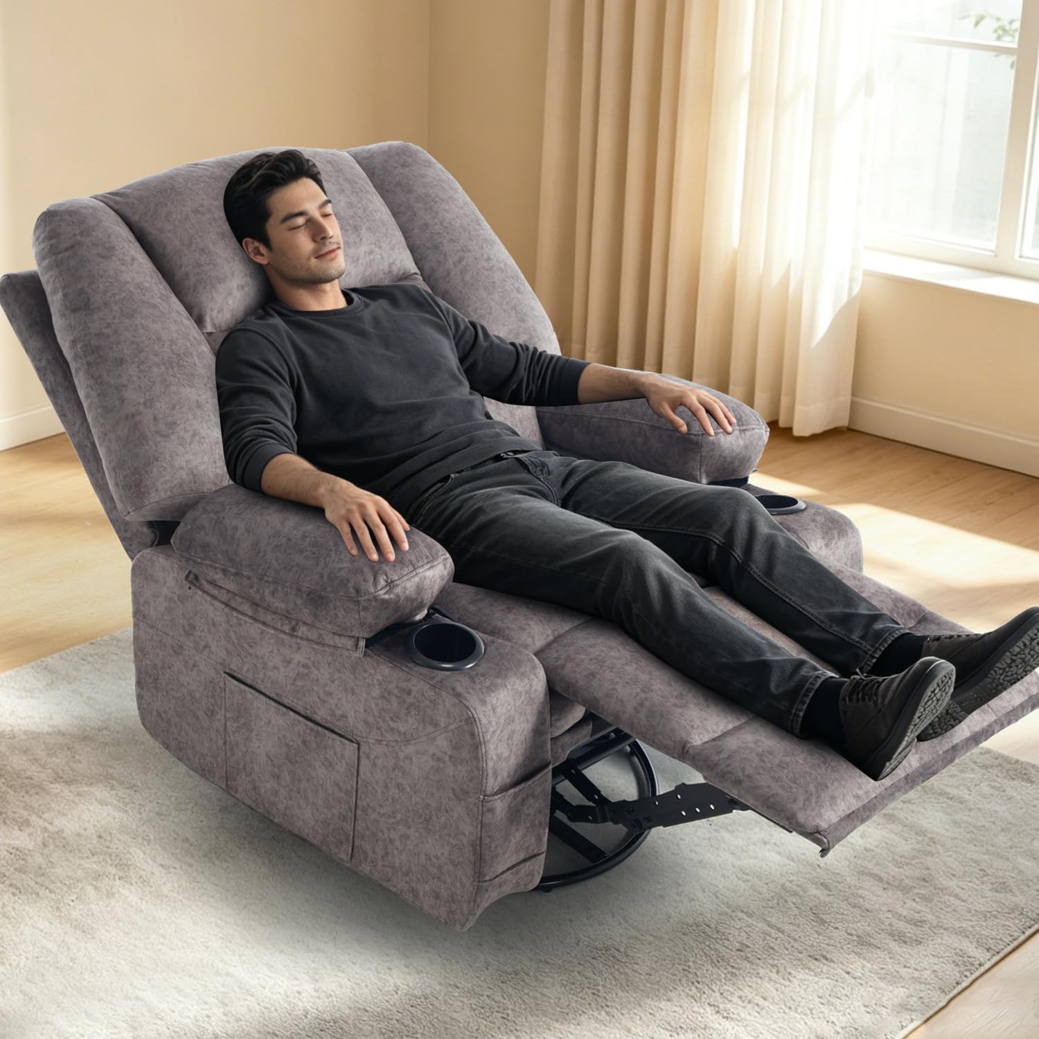 KCQ Oversized Swivel Rocker Recliner Chair with Massage Heat Cup Holders, Overstuffed Fabric Heated Massaging Swivel Glider Chair Rocking Recliner Chair, Grey