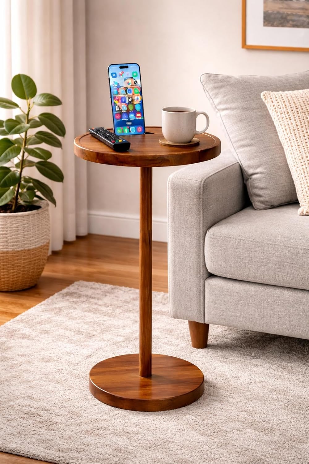 Drink Table for Small Spaces, 24” Tall Pedestal Side Table with Stable Base, Phone Holder & 2 Coasters, Natural Wood Accent End Table for Sofa, Bedside, Balcony or Living Room