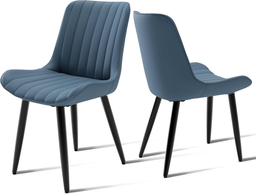 Mid-Century Modern Dining Chairs Set of 2, PU Leather Kitchen Chairs with Soft Cushion and Metal Legs, Upholstered Armless Accent Chair Side Chair for Dining Room/Guest/Reception Room/Cafe (Blue)