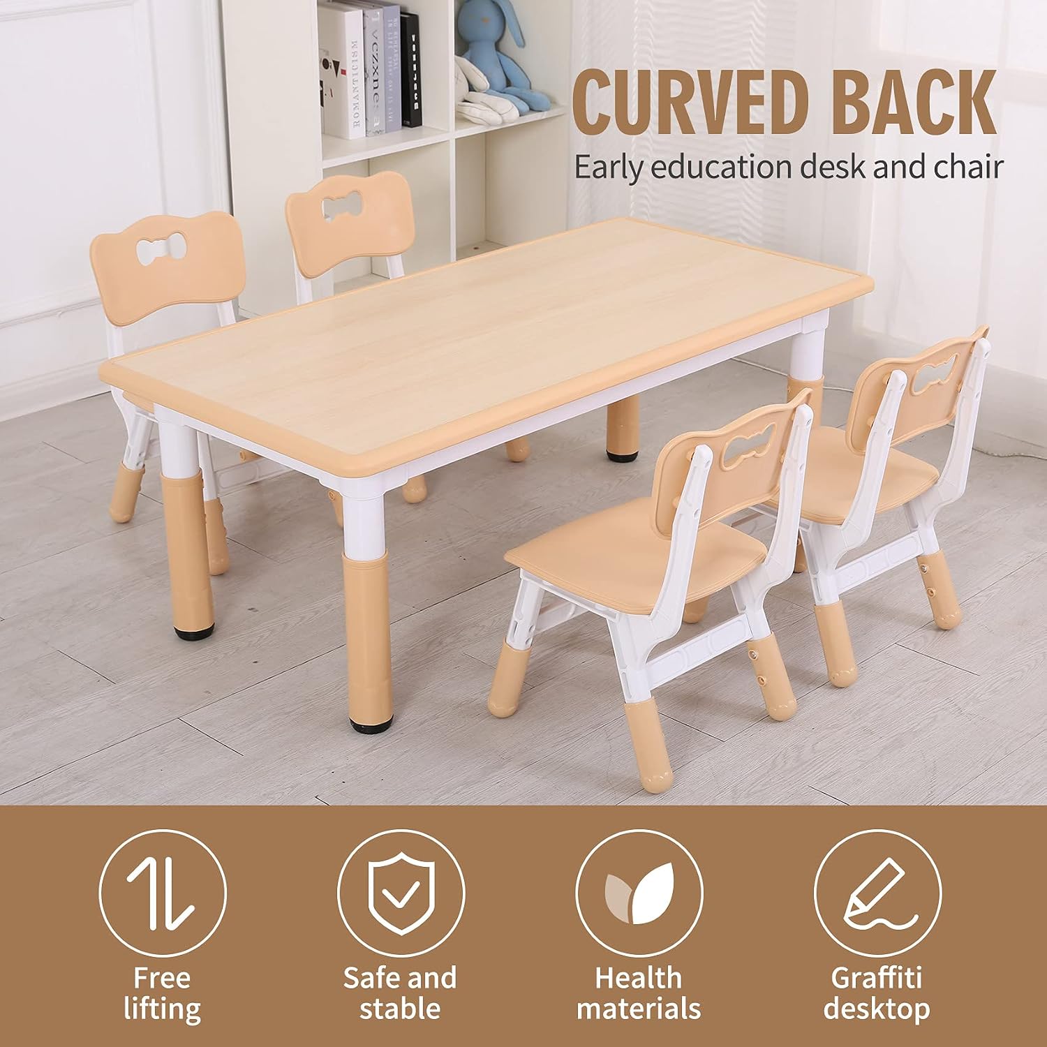 UNICOO Kids Table and Chairs, Height Adjustable Toddler Table and Chair Set with 4 Chairs, Graffiti Desktop, Classroom/Daycare/Home, Children Multi-Activity Table for Ages 2-8