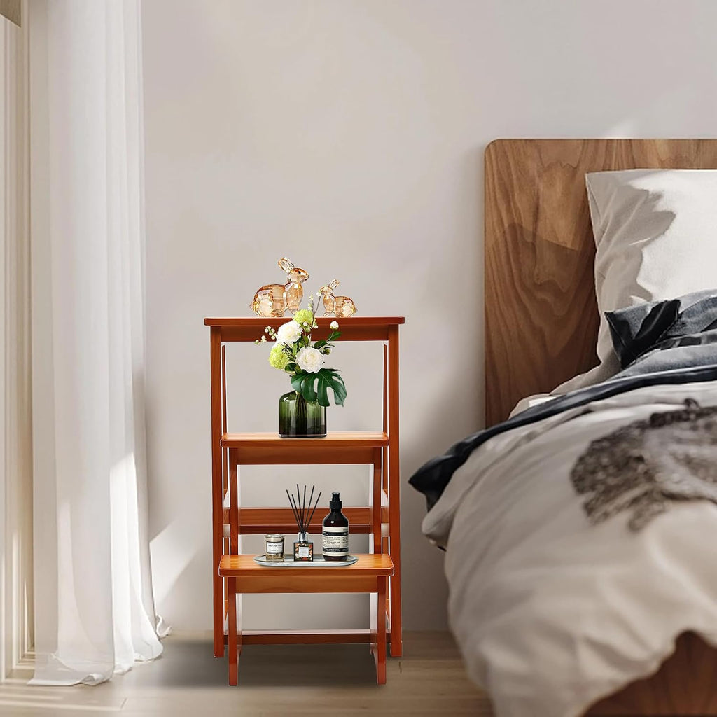 Folding Library Ladder Chair, 3-Step Stool Stepladders Lightweight Portable Multi-Functional Wood Step Ladder for Home,Kitchens, Garages (Honey)