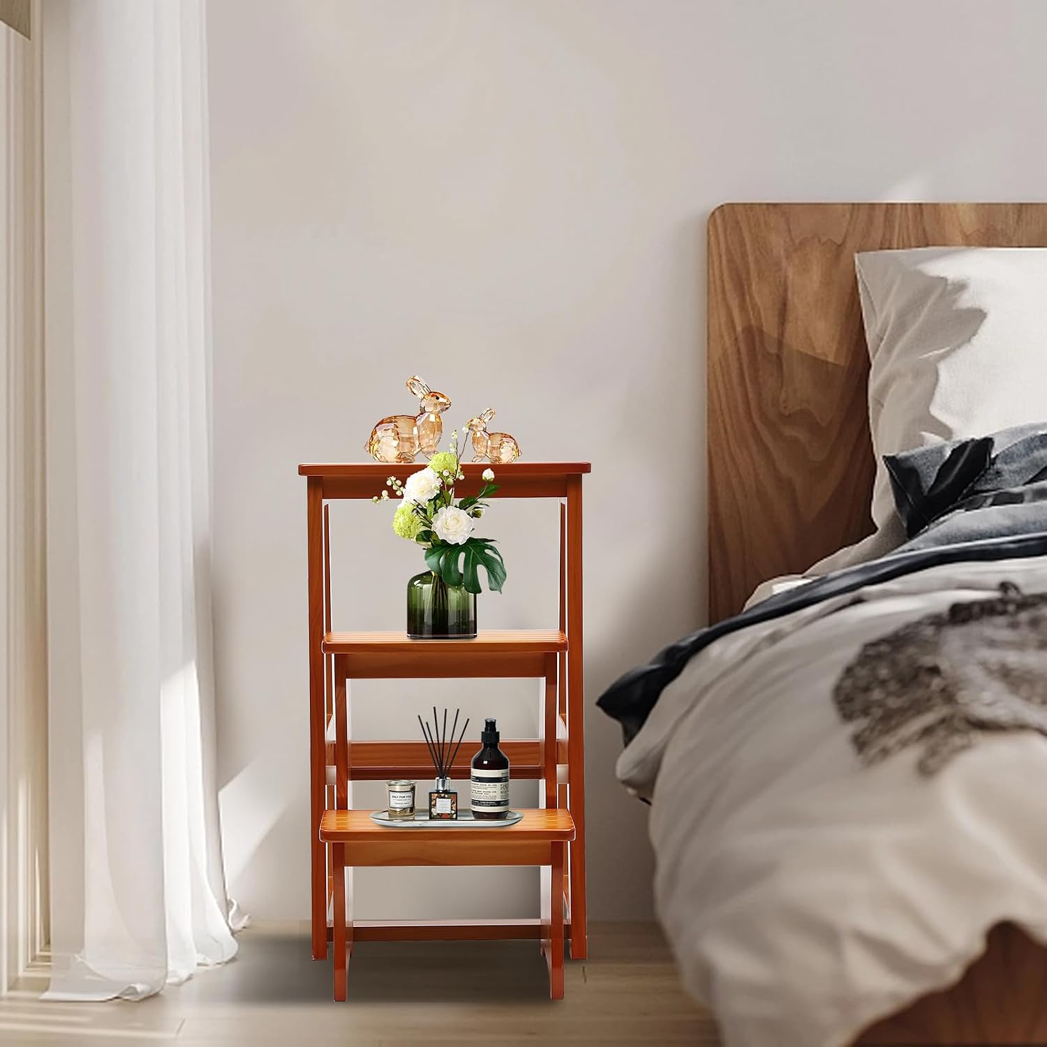 Folding Library Ladder Chair, 3-Step Stool Stepladders Lightweight Portable Multi-Functional Wood Step Ladder for Home,Kitchens, Garages (Honey)