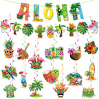 Hawaiian Party Hanging Decorations, Tropical Luau Hanging Swirls with Aloha Flamingo and Palm Tree Signs for Beach Pool Party Birthday Decor
