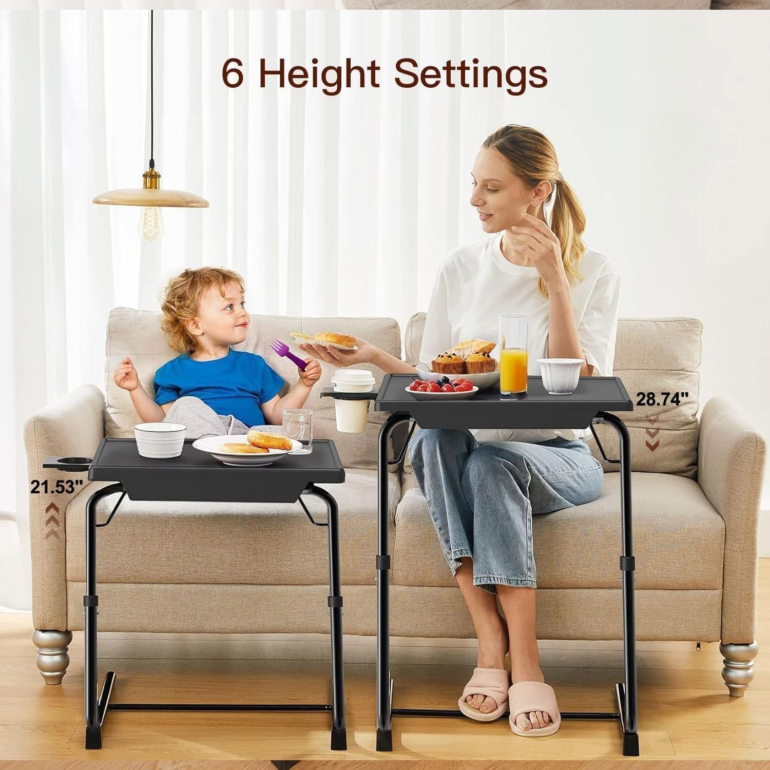 HUANUO Adjustable TV Tray Table - Foldable TV Tray with 6 Height & 3 Tilt Angle Adjustments, TV Dinner Tray with Cup Holder for Couch, Bed, Sofa and Chair (Black)