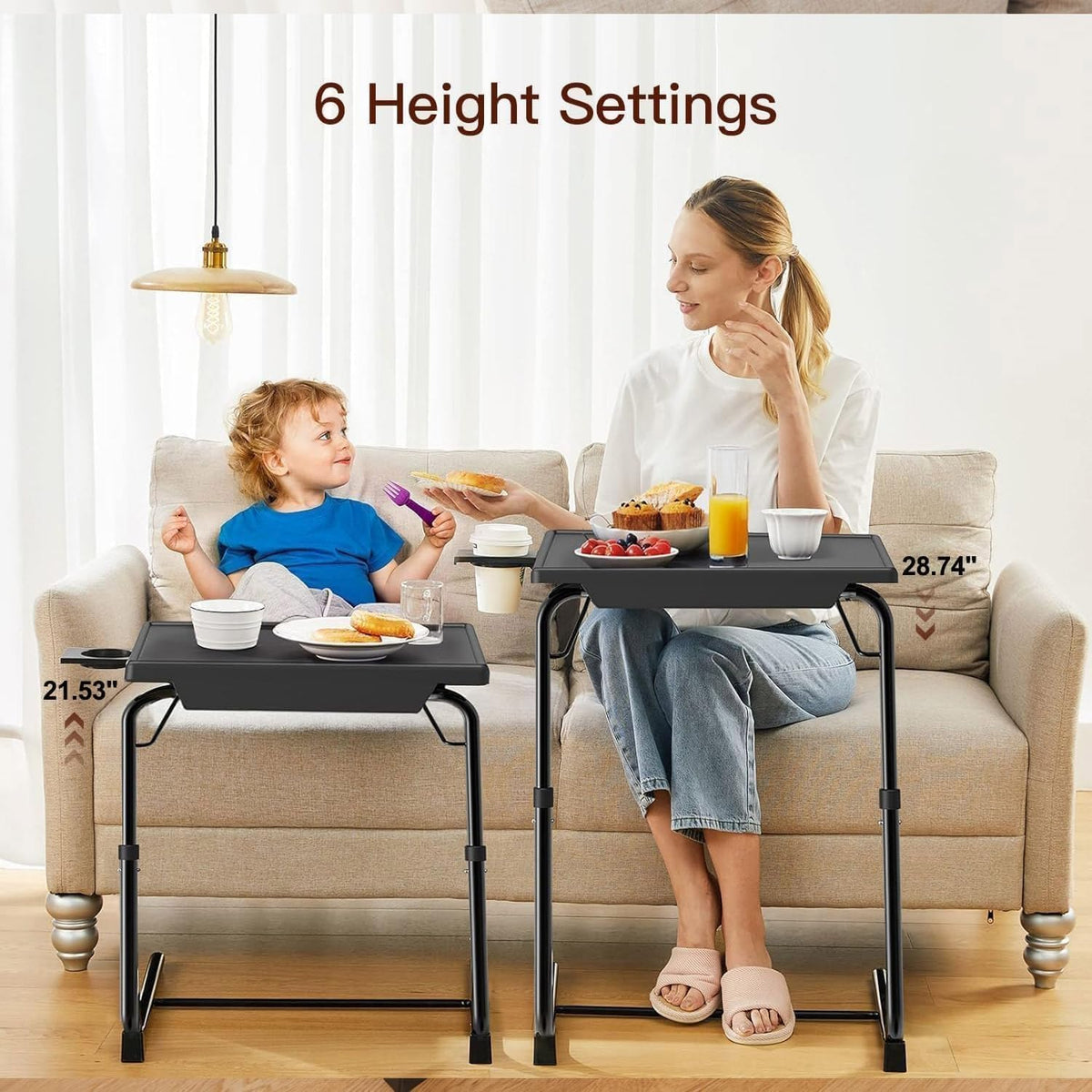 HUANUO TV Trays Set of 2, TV Tray with 6 Height & 3 Tilt Adjustments, Black | 21.53" - 28.74" Height Range, Foldable, Cup Holder, Crossbar for Stability, for Eating, Working, Drawing on Sofa, Bed
