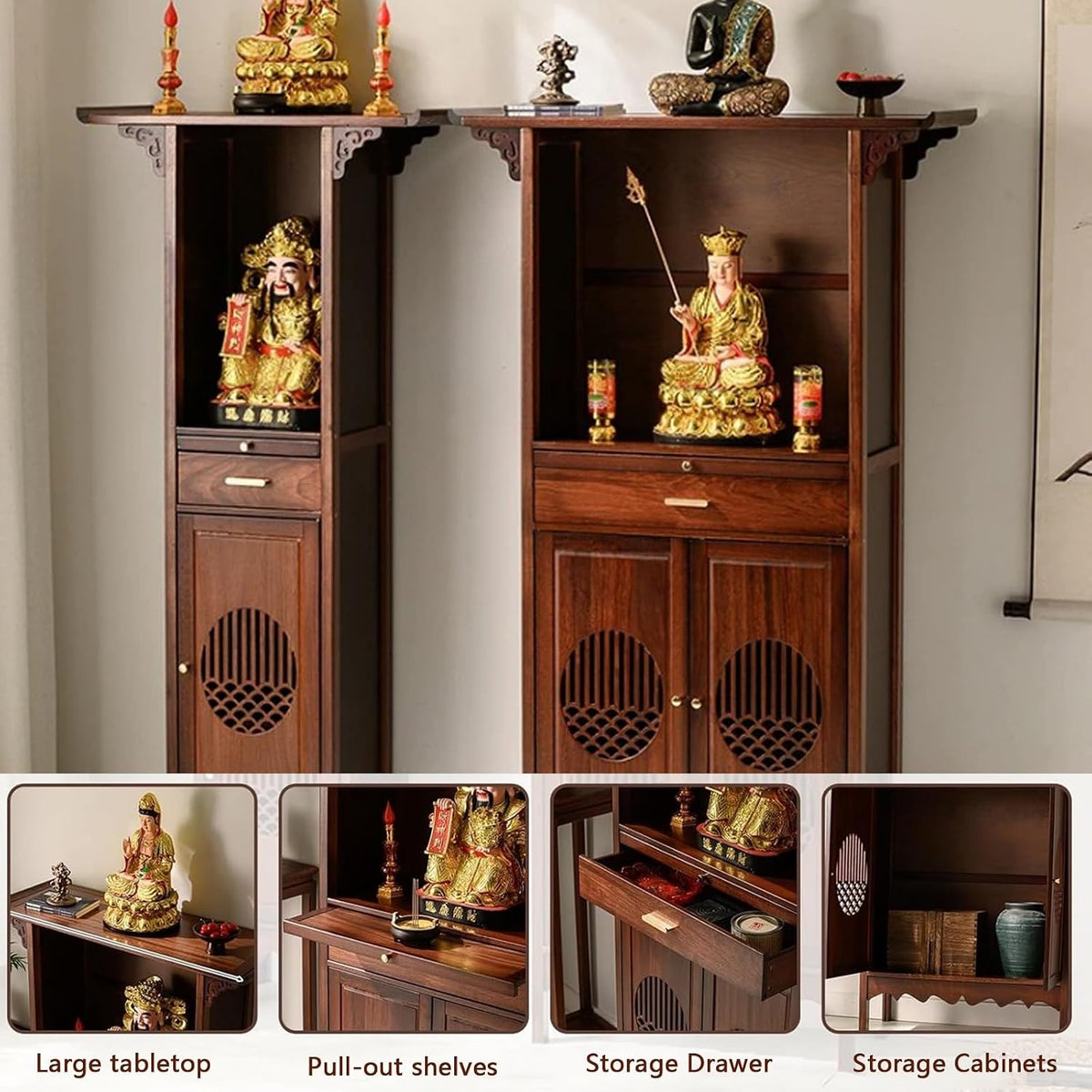 Wooden Buddhist Meditation Cabinet for Temple Display | Traditional Chinese Spiritual Furniture For Prayer, Statue(108cm/42.5in)