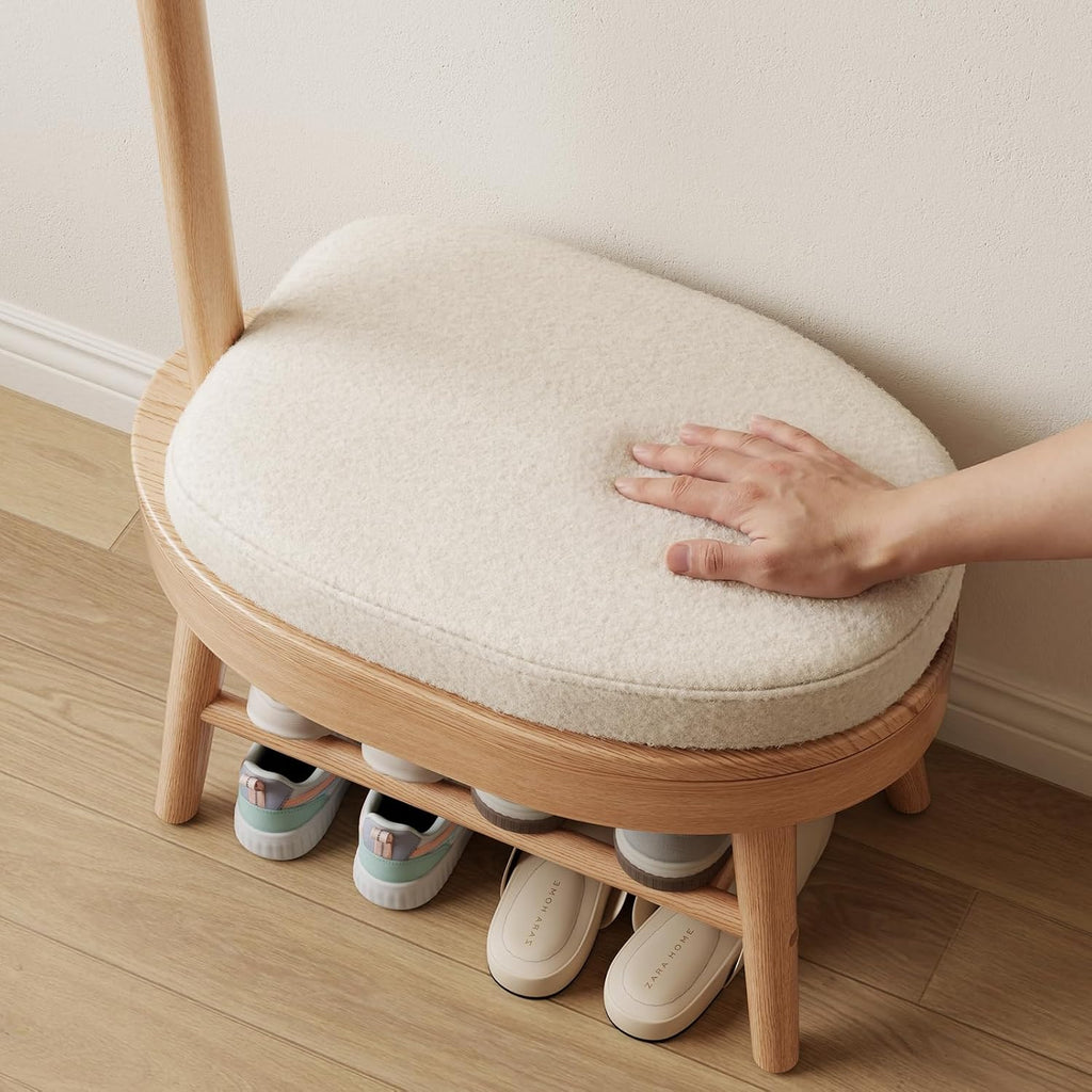 AQIMUELE Entryway Shoe Rack with Coat Rack, Wooden Shoe Bench with Upholstered Cushion, 3-in-1, 2-Tier Shoe Storage and Cute Animal Hooks for Entryway, Hallway, Closet (Natural 24.4")