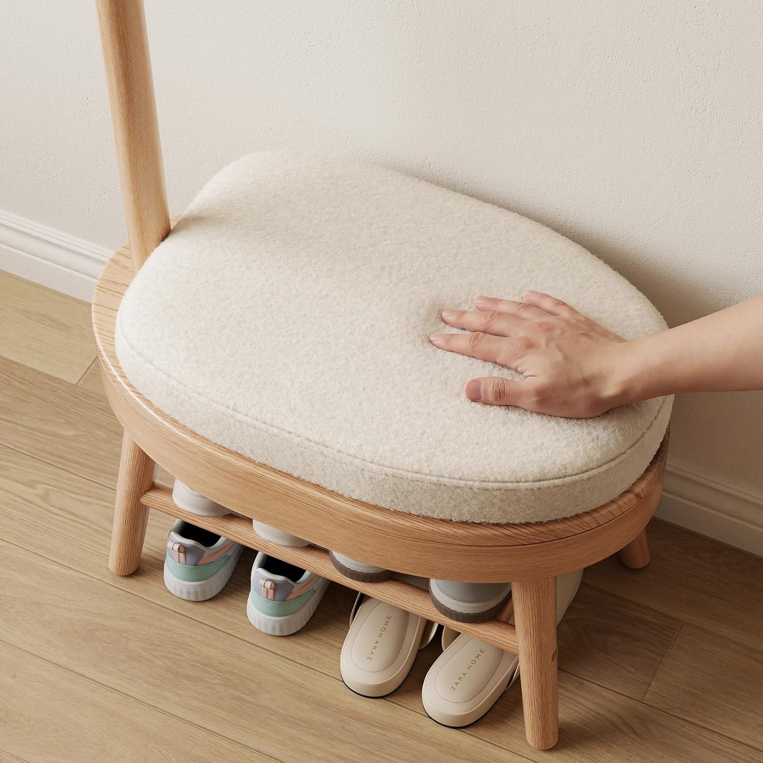 AQIMUELE Entryway Shoe Rack with Coat Rack, Wooden Shoe Bench with Upholstered Cushion, 3-in-1, 2-Tier Shoe Storage and Cute Animal Hooks for Entryway, Hallway, Closet (Natural 24.4")