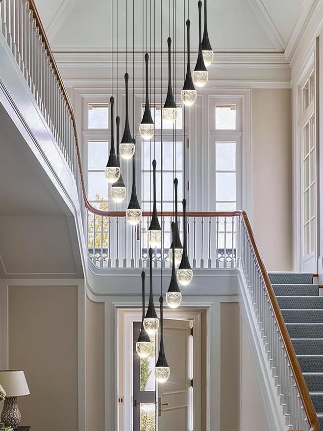 120'' Bubble Crystal Raindrop Chandeliers 16-Lights Black Long Staircase Chandelier Foyer High Ceiling Chandeliers Loft Slante LED Dimmable Ceiling Fixtures