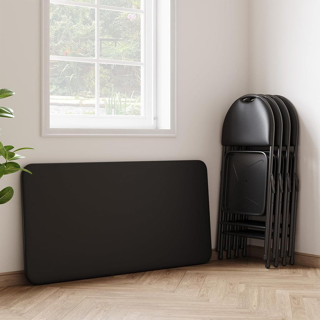 IDEALHOUSE 4 Feet Folding Table, Protable Foldable Card Table, Black | Metal Legs Support, Upholstered PU Leather Tabletop, Heavy Duty, No Assembly Required, Perfet for Indoor and Outdoor
