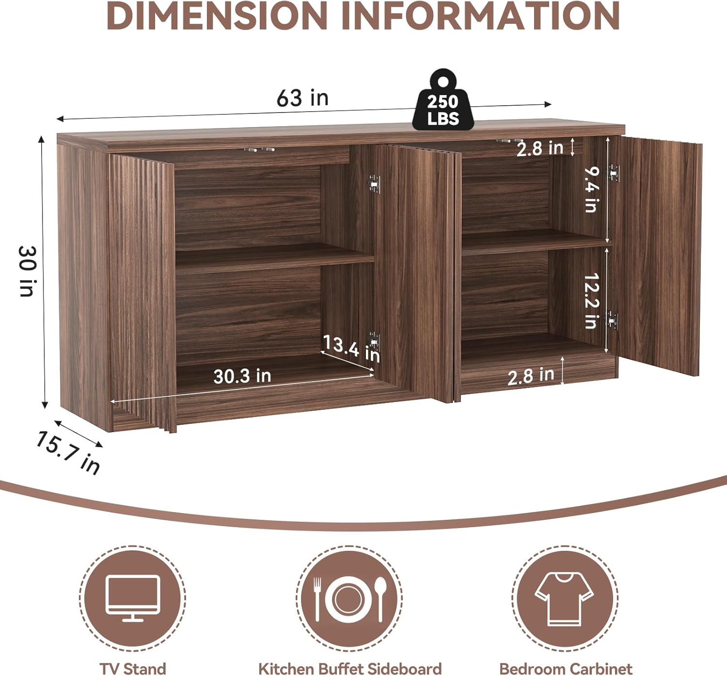 63" Fluted Buffet Cabinet Sideboard with Storage,Large Credenza with 4 Doors with Adjustable Shelves,Wood Mid Century Modern Sideboard for Kitchen, Living Room,Entryway(Walnut)