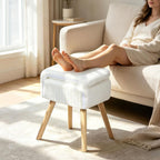 Vanity Stool with Storage & Folding Backrest,Faux Rabbit Fur Small Makeup Chair with 4 Solid Wood Legs,11.4" D x 14.9" W x 28.7" H,Soft Ottoman for Living Room,Bedroom,Closet,White