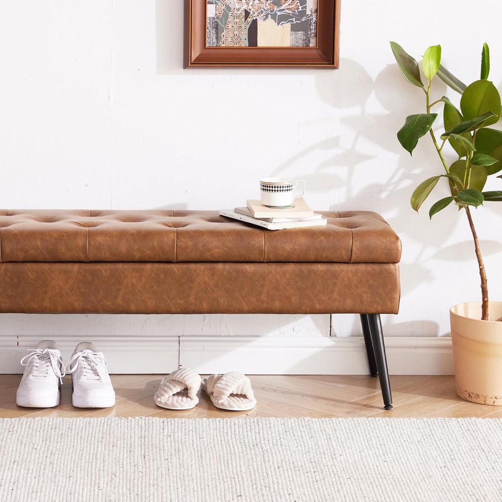 Storage Ottoman Long Upholstered Entryway Bench, 40" Cognac Brown | Large Flip-Top Entry Shoe Bench Dining Seat for Living Room Bedroom End of Bed Couch, Support 660lbs, Faux Leather
