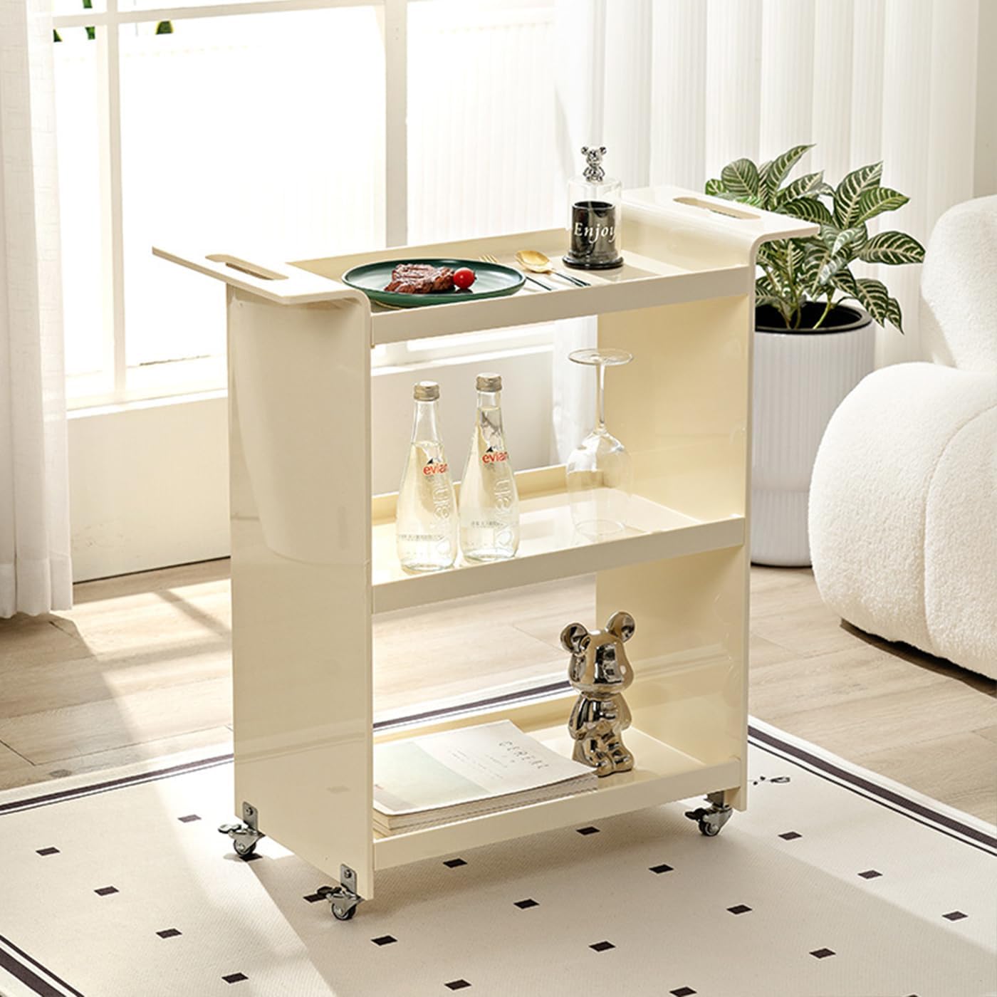 Gdrasuya10 3 Tier Acrylic Bar Cart Serving Cart with Wheels, Clear Acrylic Utility Rolling Cart White End Table Side Table Rolling Serving Cart Snack Tablé for Living Room Balcony Party