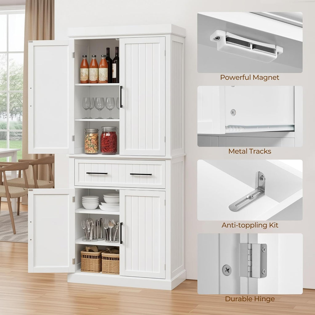 Yaheetech 72.5" H Freestanding 4-Door Kitchen Storage Cabinet,White | Stand‑up Pantry with Adjustable Shelves & Wide Drawer, Engineered Wood Construction, Kitchen/Living Room