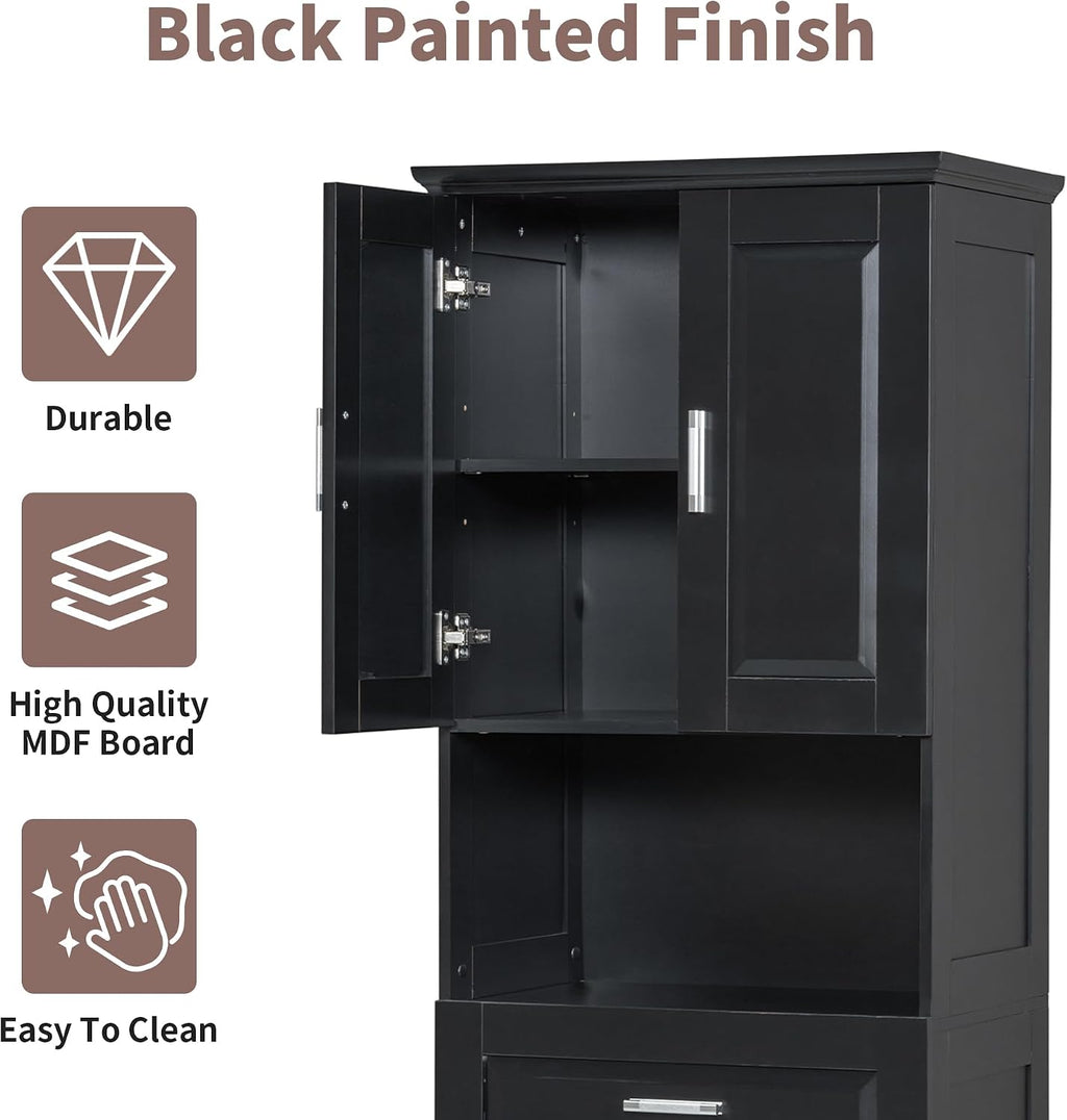 Merax 70" Tall Kitchen Pantry,Farmhouse Storage Cabinet with Adjustable Shelves,Farmhouse Pantry Cabinet with Tilt-Out Basket, for Kitchen,Dining Room,Living Room(Black)