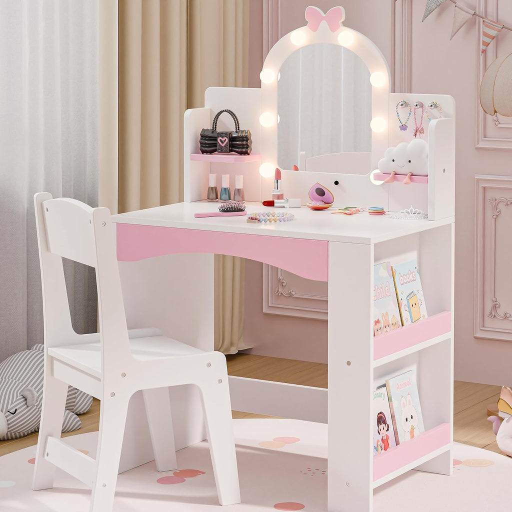 MU Kids Vanity with Lights, Princess Makeup Vanity Table and Chair Set for Girls, Toddler Vanity Desk with Open Bookshelf, Storage Cabinet & Shelves, Stools, White