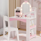 MU Kids Vanity with Lights, Princess Makeup Vanity Table and Chair Set for Girls, Toddler Vanity Desk with Open Bookshelf, Storage Cabinet & Shelves, Stools, White