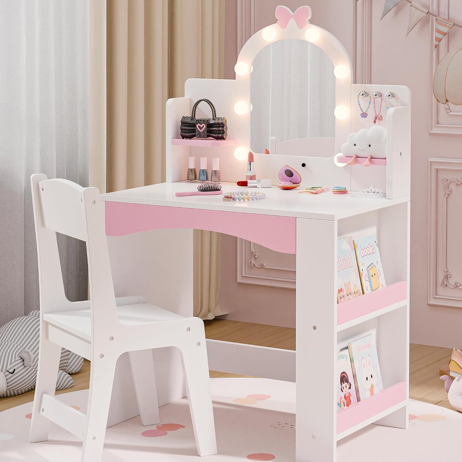 MU Kids Vanity with Lights, Princess Makeup Vanity Table and Chair Set for Girls, Toddler Vanity Desk with Open Bookshelf, Storage Cabinet & Shelves, Stools, White