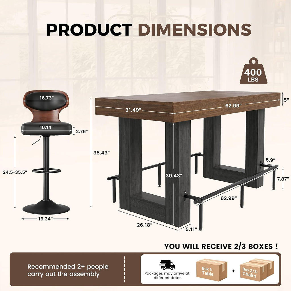 Miereirl 5-Piece Bar Table Set, 63" Counter Height Dining Table with 4 Swivel Barstools, Industrial Wooden Kitchen Island Table Set with Footrest and Backrest for Dining Room, Home Bar