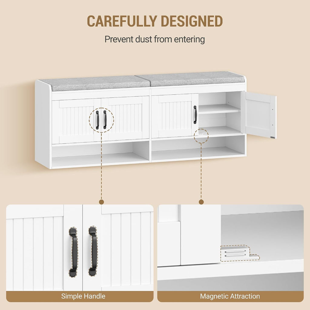 Hzuaneri 55.1" Shoe Storage Bench, 3 Tier Entryway Shoe Bench with Padded Cushion & 4 Doors & Adjustable Shelves, 18-21 Pairs of Bed End Benches, Modern Shoes Rack Benches for Bedroom, White SB41403GY