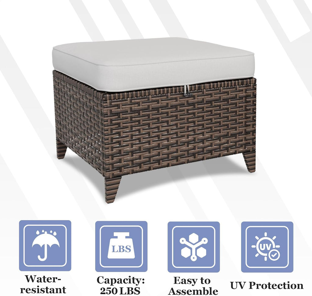 EAGLE PEAK Ocean Vista 2 Piece Wicker Patio Ottoman Set Weather-Resistant Cushions for Patio Deck Backyard Poolside, Beige