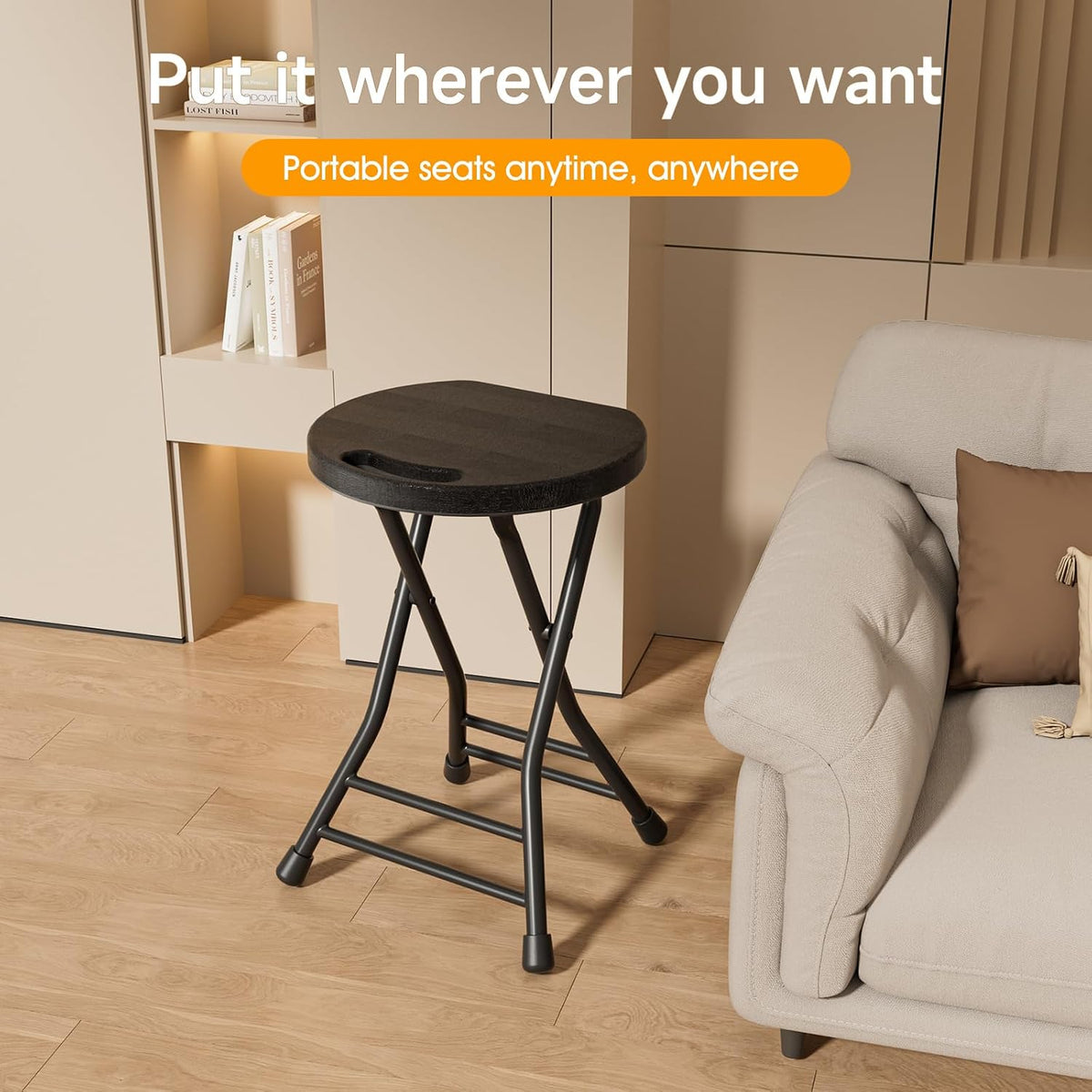LEDLAY18 Inch Folding Stool with Handle - 500LBS Capacity Portable Foldable Stool with Non-Slip Feet, Heavy-Duty Steel & Plastic Collapsible Stool for Indoor Outdoor Use, Black